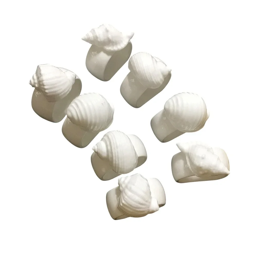 Set of 8 White Ceramic Seashell Napkin Rings Coastal Nautical Beach Decor conch